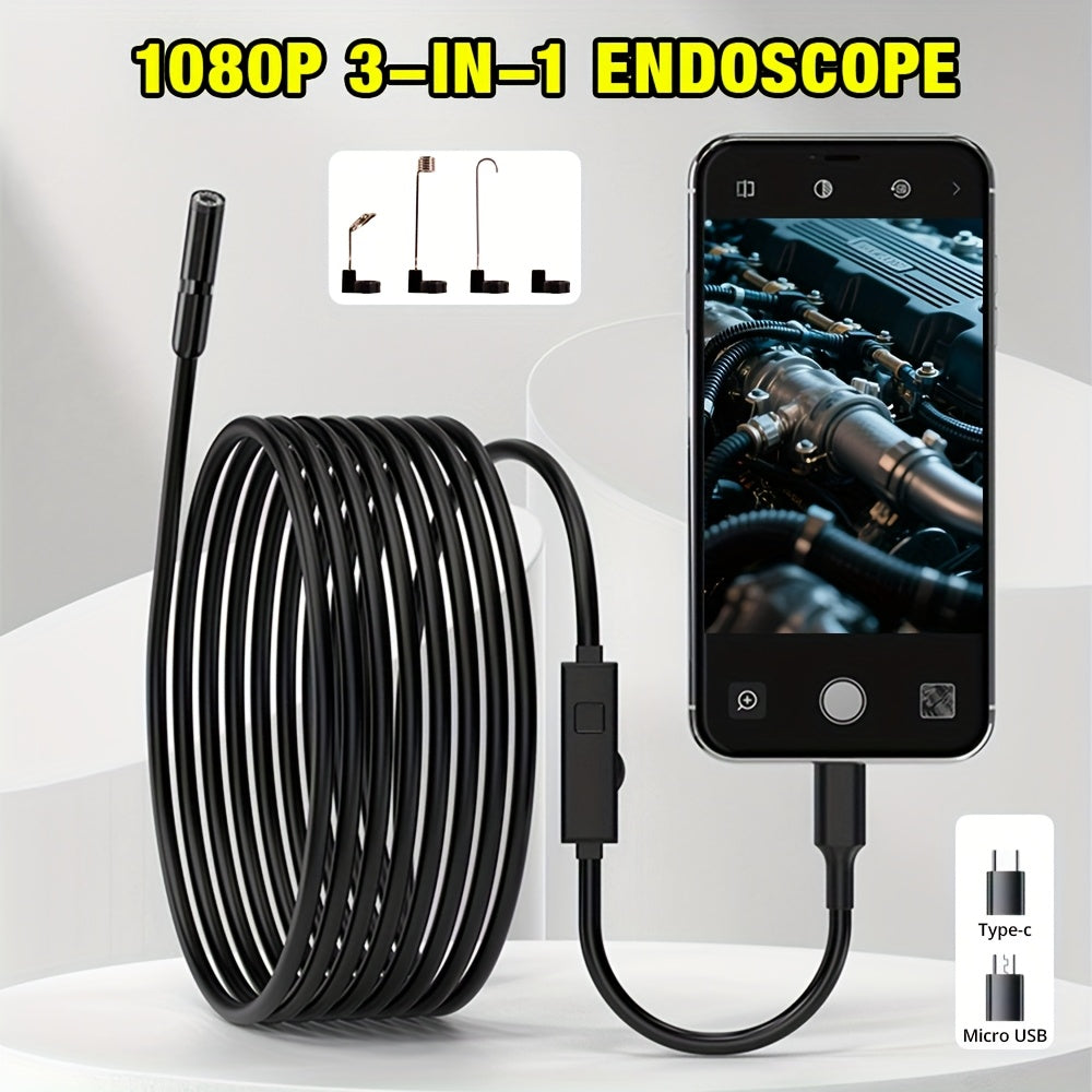 HD Endoscope Camera for iPhone Android - 1920P IP67 Waterproof Borescope with 8 LEDs, 16.5ft Semi-Rigid Cable