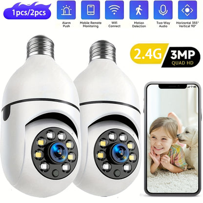 2K 3MP Bulb Security Camera - All-in-One AI 360° PTZ with E27 Base, 2.4G Wi-Fi & 2-Way Audio