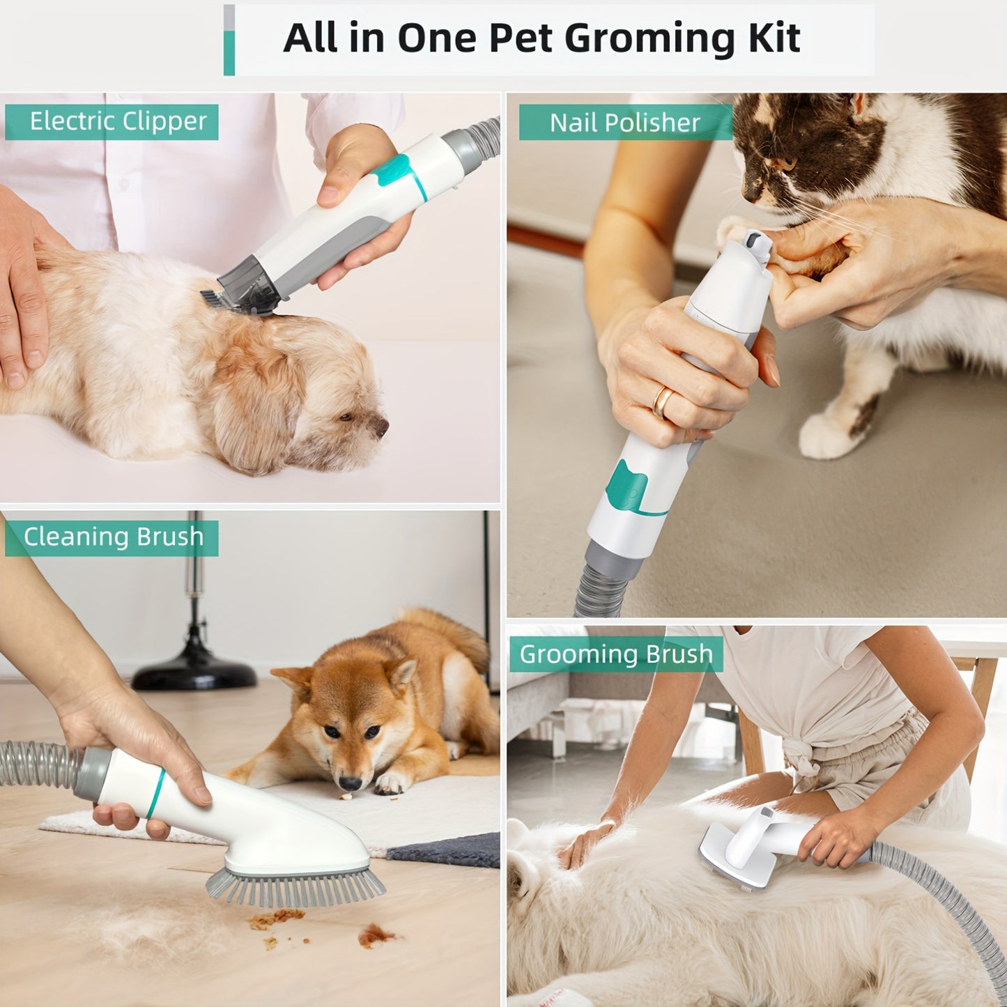 All-in-1 Pet Grooming Vacuum - 17-Piece Kit for Mess-Free Hair & Nail Care at Home, Low Noise for Dogs/Cats