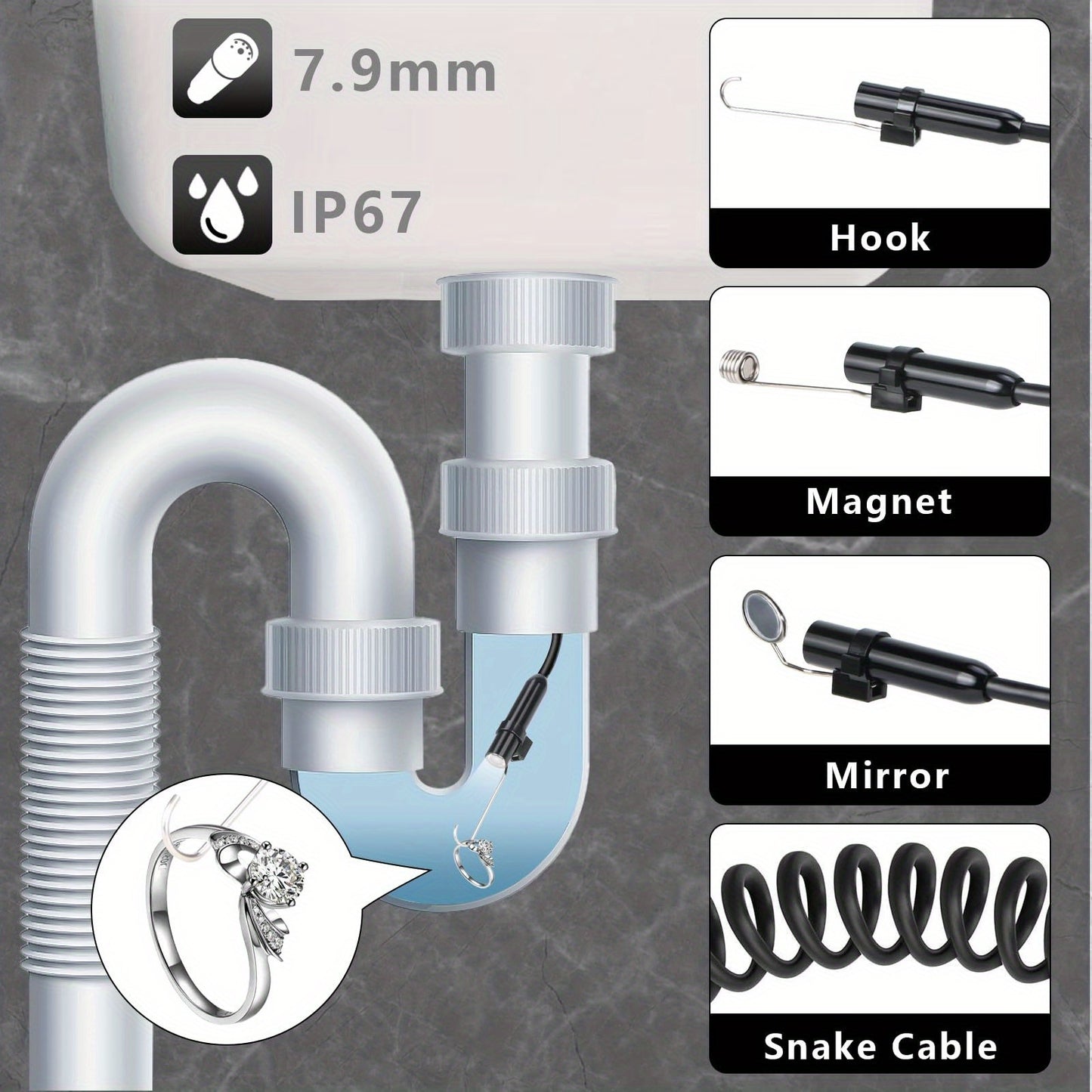 HD Endoscope Camera for iPhone Android - 1920P IP67 Waterproof Borescope with 8 LEDs, 16.5ft Semi-Rigid Cable