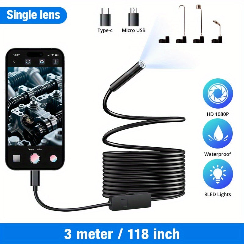 HD Endoscope Camera for iPhone Android - 1920P IP67 Waterproof Borescope with 8 LEDs, 16.5ft Semi-Rigid Cable