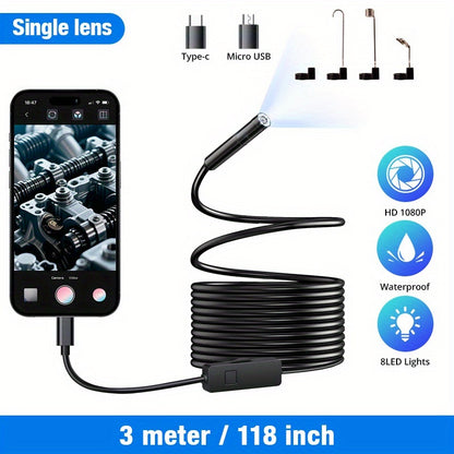 HD Endoscope Camera for iPhone Android - 1920P IP67 Waterproof Borescope with 8 LEDs, 16.5ft Semi-Rigid Cable